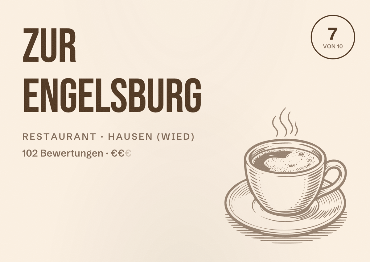 Illustriertes Poster von Zur Engelsburg, Restaurant in Hausen (Wied): Bewertung 7 von 10 aus 102 Bewertungen, Preisniveau €€