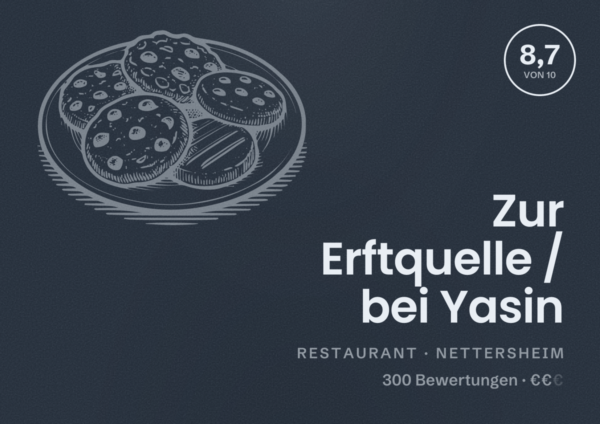 Illustriertes Poster von Zur Erftquelle / bei Yasin, Restaurant in Nettersheim: Bewertung 8,7 von 10 aus 300 Bewertungen, Preisniveau €€