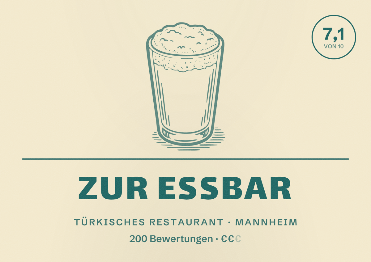 Illustriertes Poster von Zur Essbar, Türkisches Restaurant in Mannheim: Bewertung 7,1 von 10 aus 200 Bewertungen, Preisniveau €€