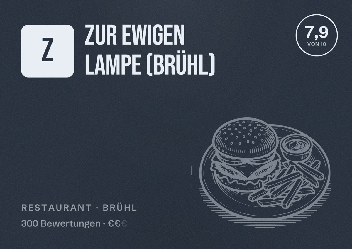 Illustriertes Poster von Zur ewigen Lampe (Brühl), Restaurant in Brühl: Bewertung 7,9 von 10 aus 300 Bewertungen, Preisniveau €€