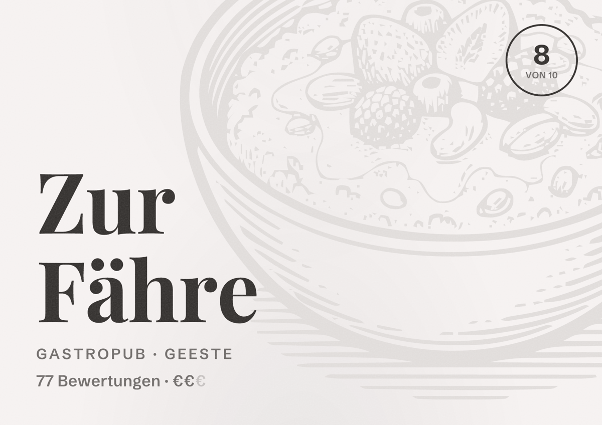 Illustriertes Poster von Zur Fähre, Gastropub in Geeste: Bewertung 8 von 10 aus 77 Bewertungen, Preisniveau €€