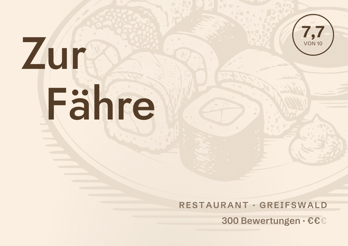 Illustriertes Poster von Zur Fähre, Restaurant in Greifswald: Bewertung 7,7 von 10 aus 300 Bewertungen, Preisniveau €€