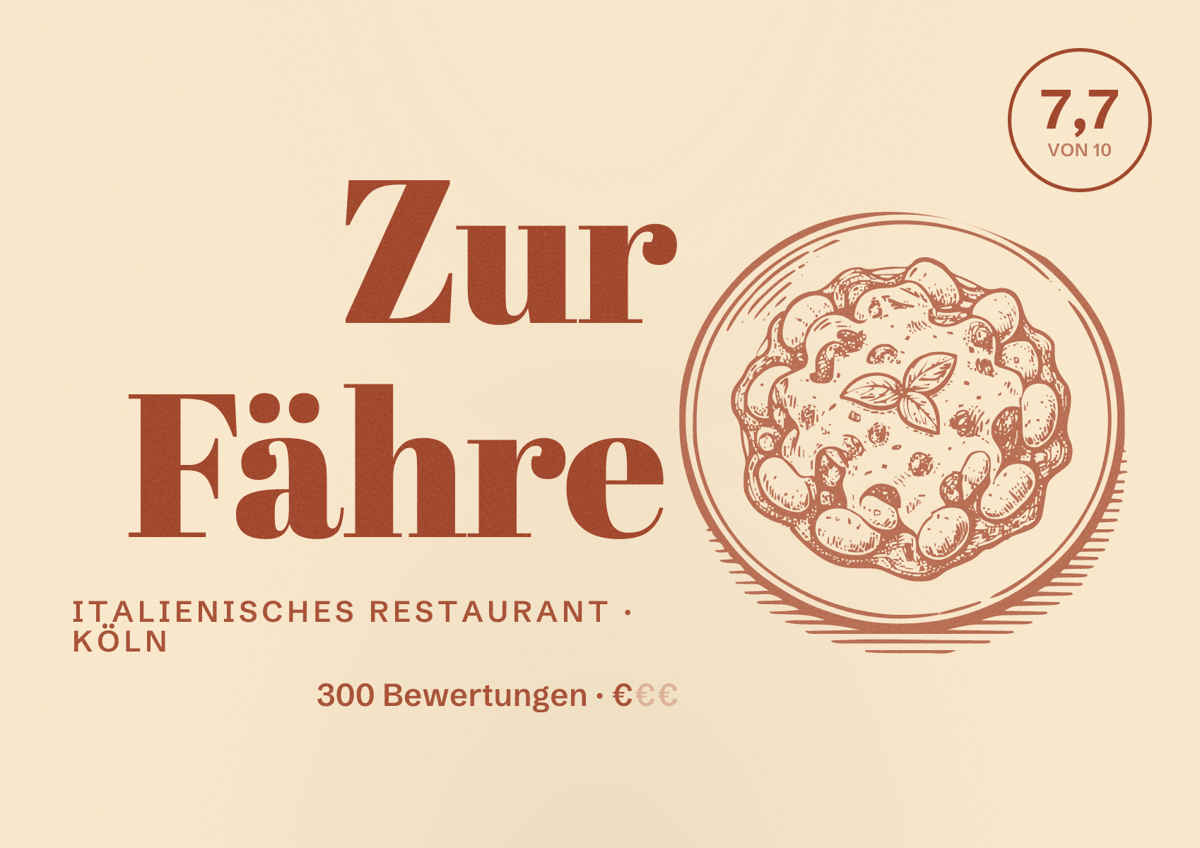 Illustriertes Poster von Zur Fähre, Italienisches Restaurant in Köln: Bewertung 7,7 von 10 aus 300 Bewertungen, Preisniveau €