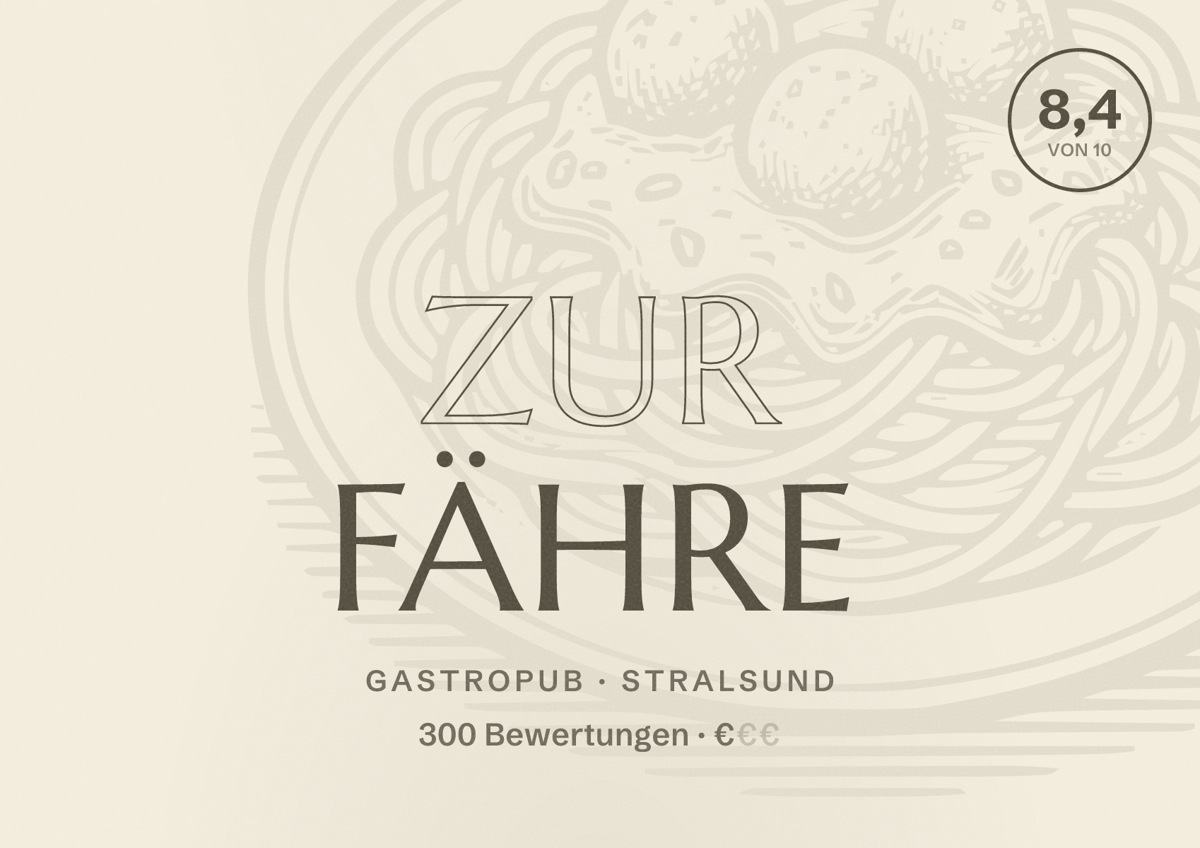Illustriertes Poster von Zur Fähre, Gastropub in Stralsund: Bewertung 8,4 von 10 aus 300 Bewertungen, Preisniveau €