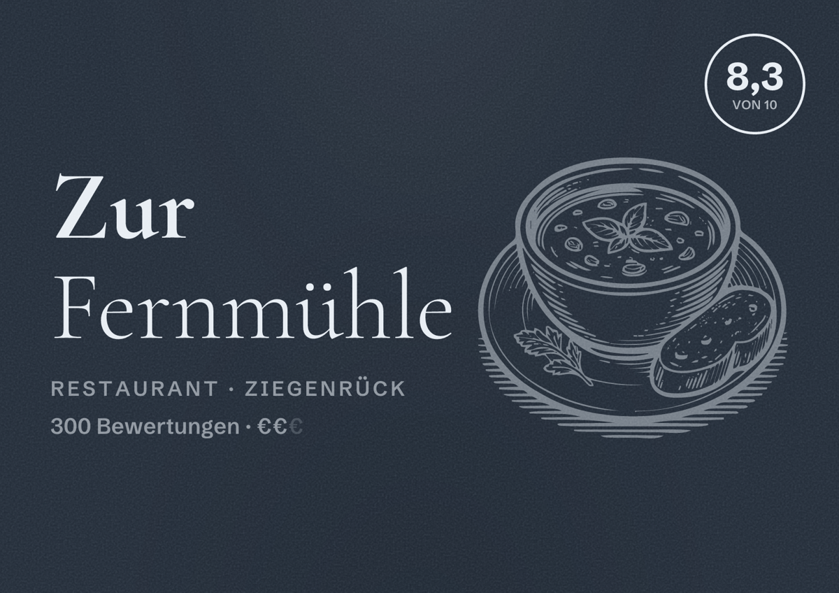 Illustriertes Poster von Zur Fernmühle, Restaurant in Ziegenrück: Bewertung 8,3 von 10 aus 300 Bewertungen, Preisniveau €€