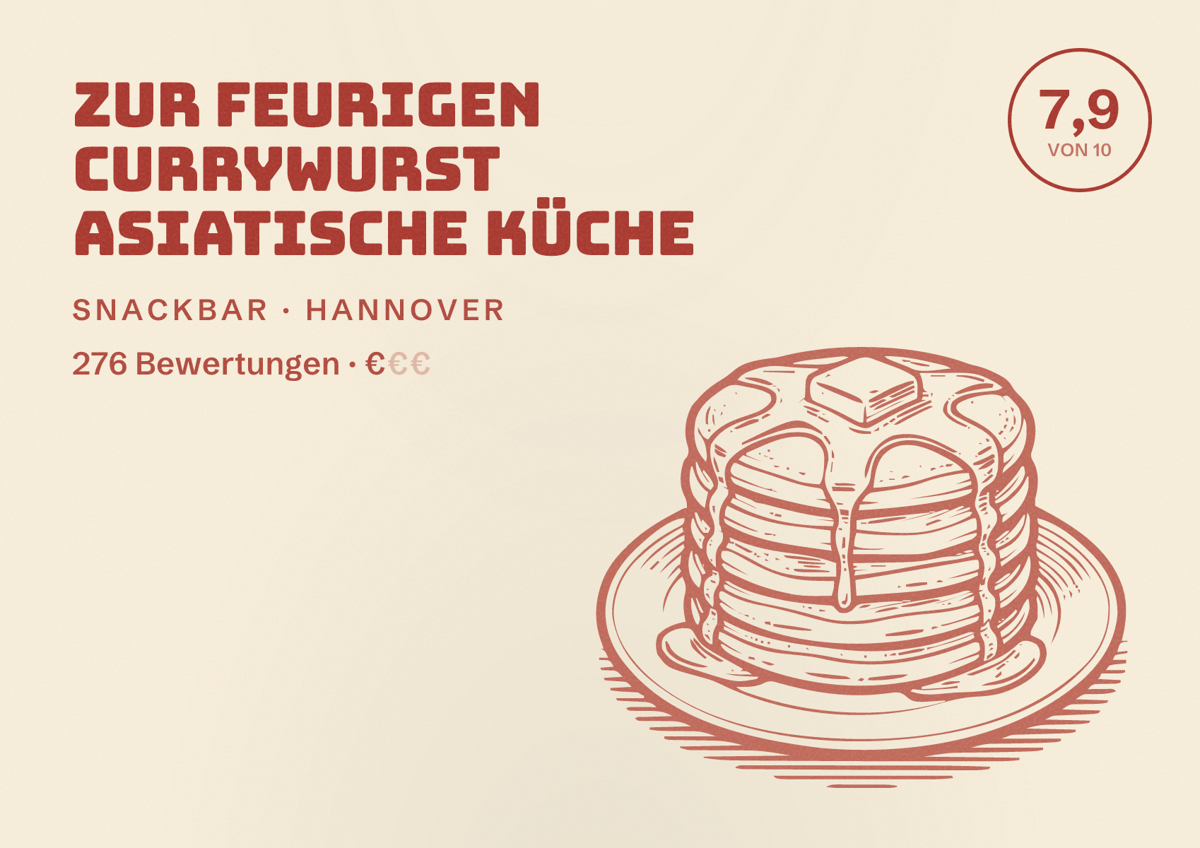 Illustriertes Poster von Zur Feurigen Currywurst Asiatische Küche, Snackbar in Hannover: Gästebewertung 7,9 von 10 aus 276 Bewertungen