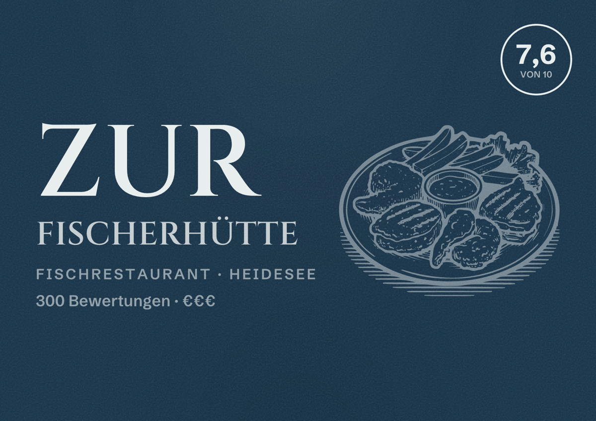 Illustriertes Poster von Zur Fischerhütte, Fischrestaurant in Heidesee: Bewertung 7,6 von 10 aus 300 Bewertungen, Preisniveau €€€