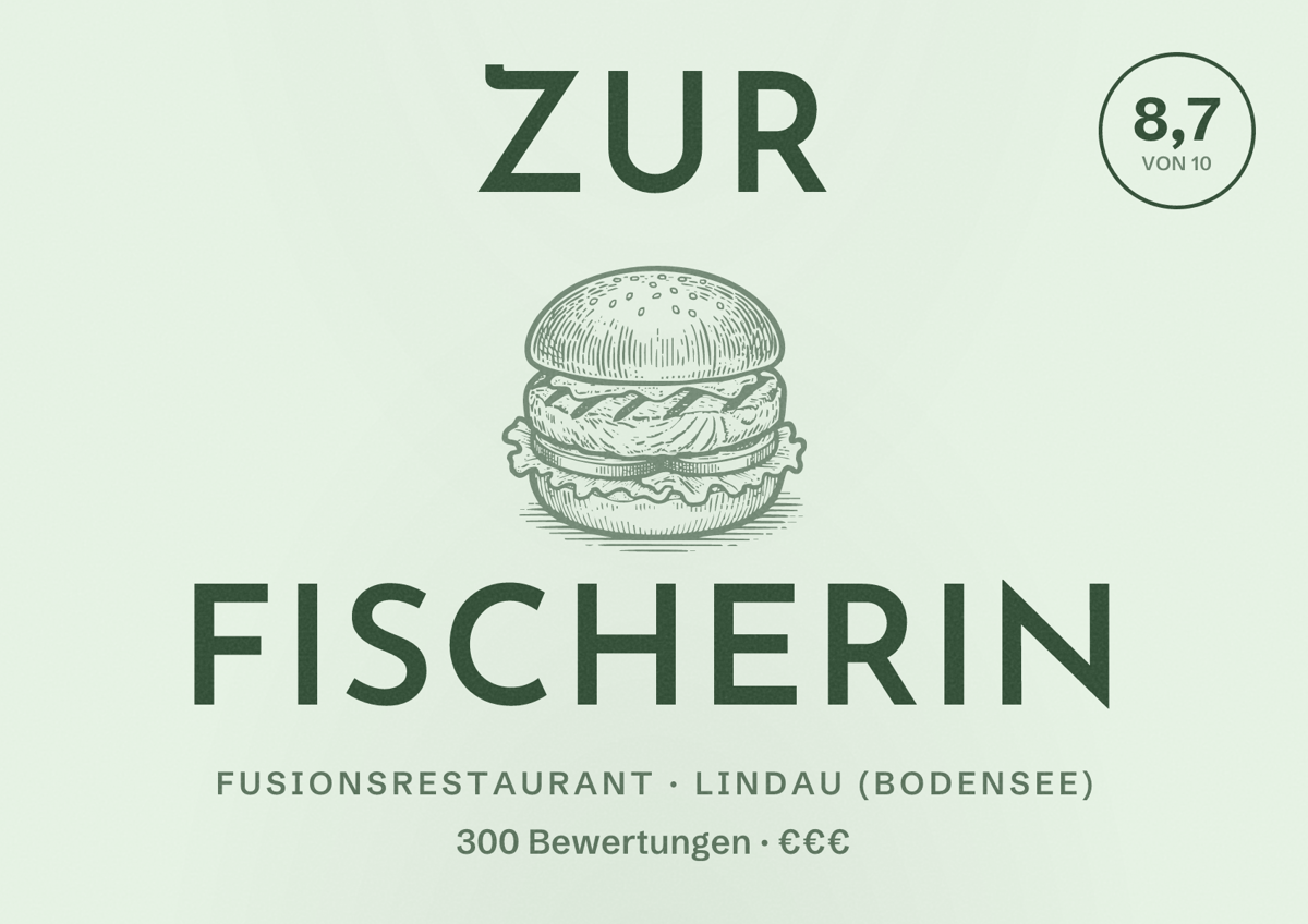 Illustriertes Poster von Zur Fischerin, Fusionsrestaurant in Lindau (Bodensee): Bewertung 8,7 von 10 aus 300 Bewertungen, Preisniveau €€€