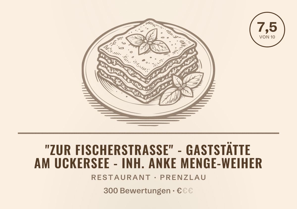 Illustriertes Poster von "Zur Fischerstraße" - Gaststätte am Uckersee - Inh. Anke Menge-Weiher, Restaurant in Prenzlau: Bewertung 7,5 von 10 aus 300 Bewertungen, Preisniveau €