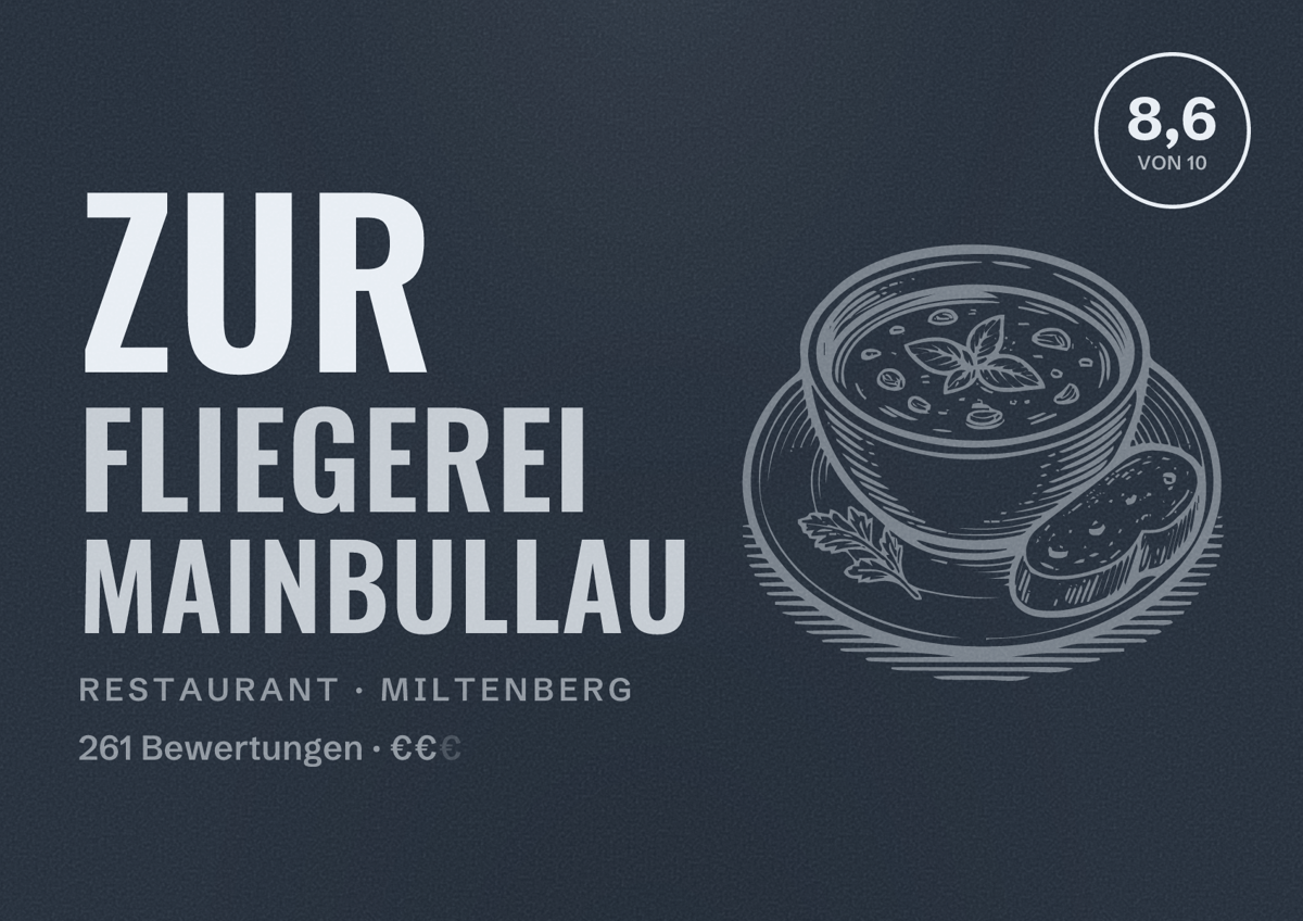 Illustriertes Poster von Zur Fliegerei Mainbullau, Restaurant in Miltenberg: Bewertung 8,6 von 10 aus 261 Bewertungen, Preisniveau €€