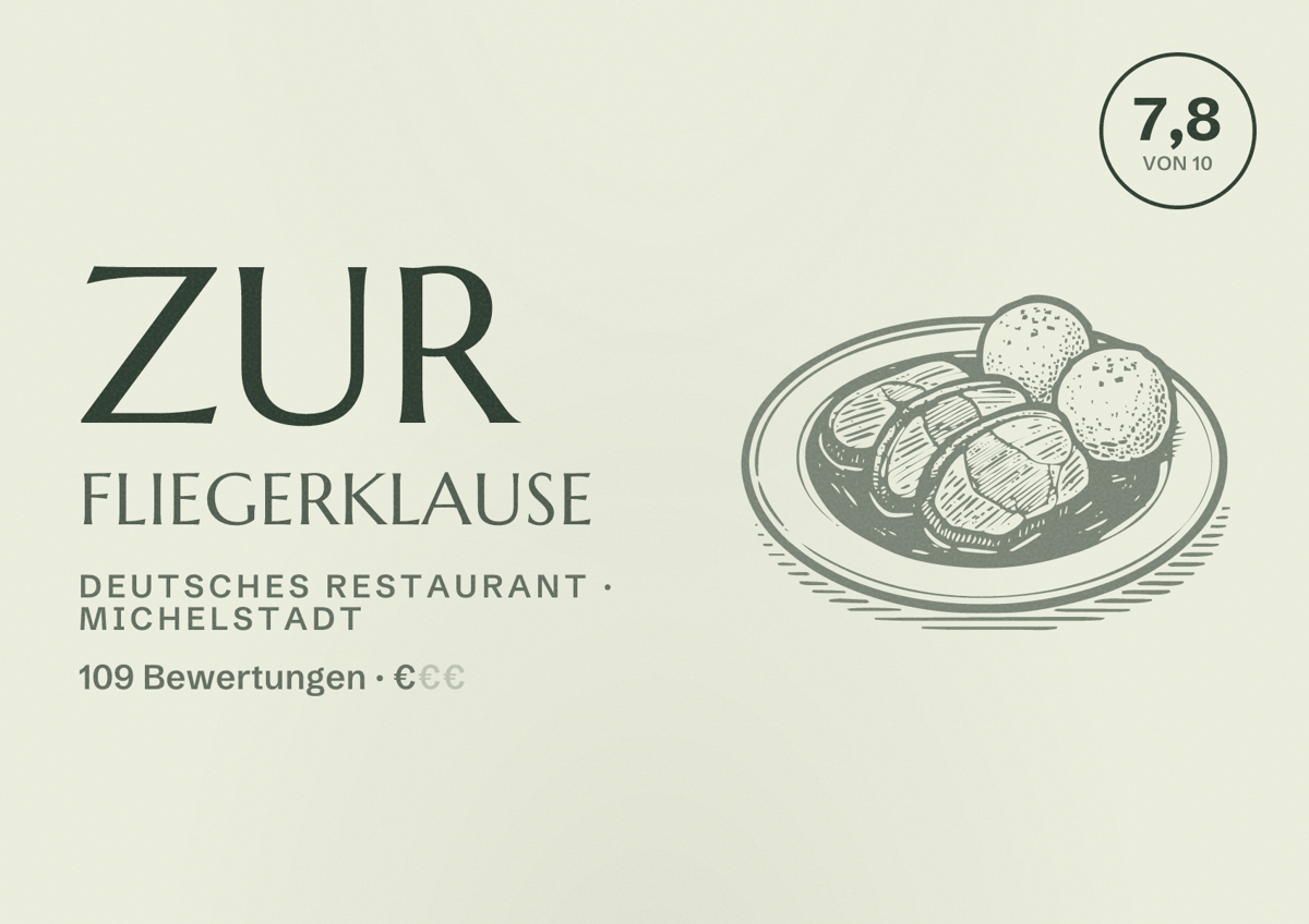 Illustriertes Poster von Zur Fliegerklause, Deutsches Restaurant in Michelstadt: Bewertung 7,8 von 10 aus 109 Bewertungen, Preisniveau €