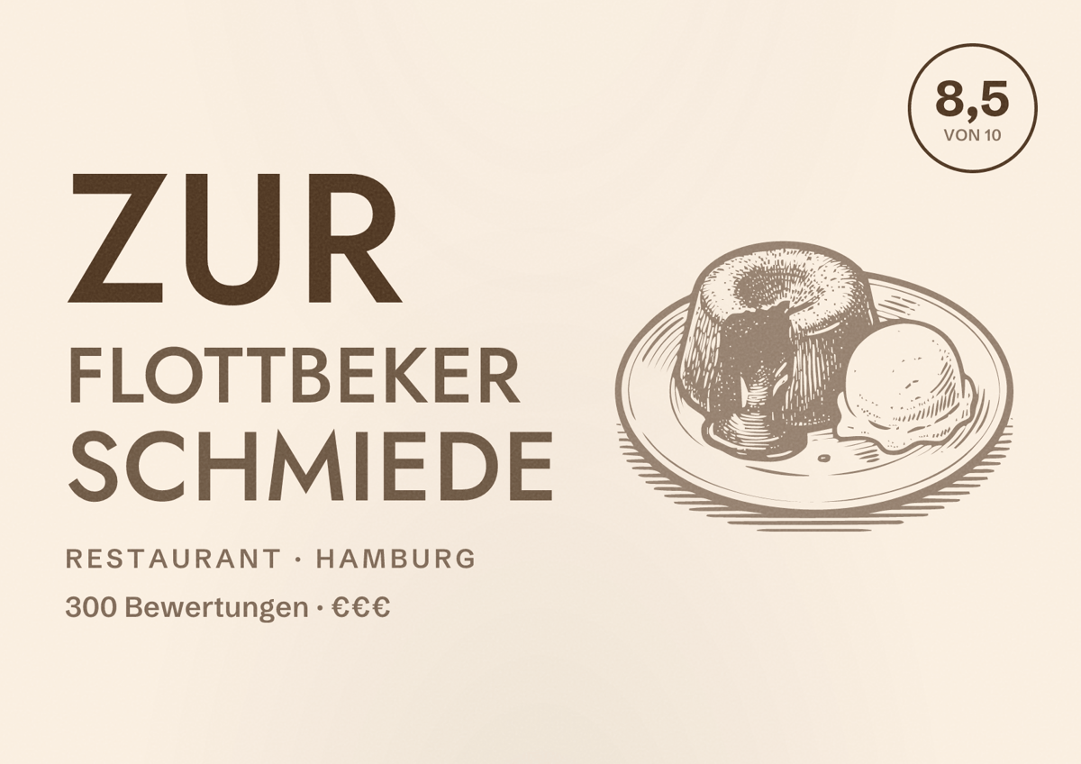 Illustriertes Poster von Zur Flottbeker Schmiede, Restaurant in Hamburg: Bewertung 8,5 von 10 aus 300 Bewertungen, Preisniveau €€€