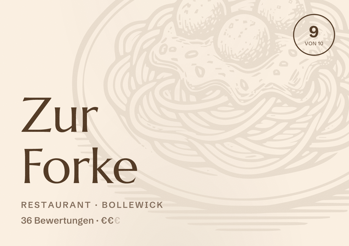 Illustriertes Poster von Zur Forke, Restaurant in Bollewick: Bewertung 9 von 10 aus 36 Bewertungen, Preisniveau €€