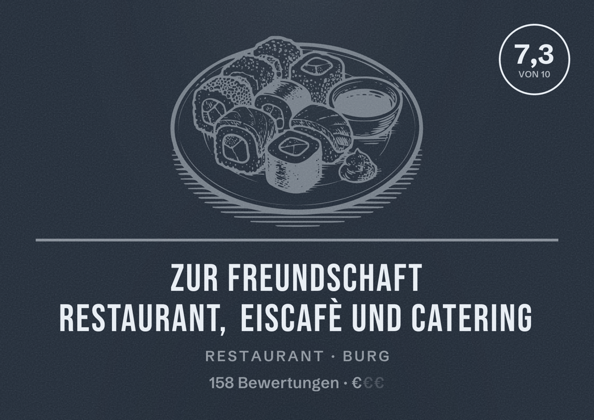 Illustriertes Poster von Zur Freundschaft Restaurant, Eiscafè und Catering, Restaurant in Burg: Bewertung 7,3 von 10 aus 158 Bewertungen, Preisniveau €