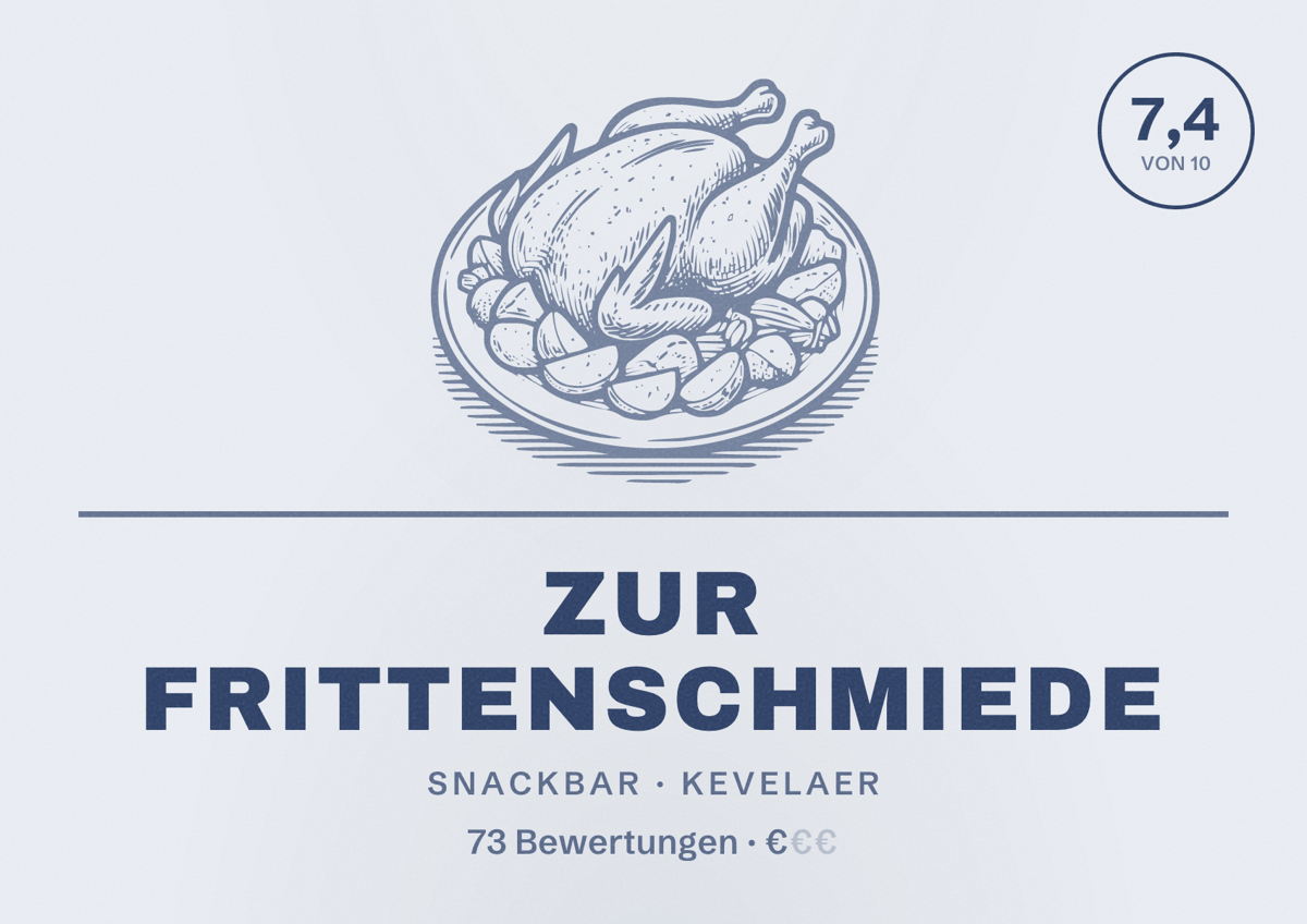 Illustriertes Poster von Zur Frittenschmiede, Snackbar in Kevelaer: Bewertung 7,4 von 10 aus 73 Bewertungen, Preisniveau €