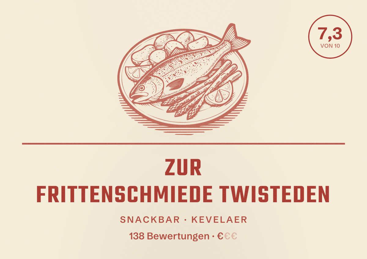 Illustriertes Poster von Zur Frittenschmiede Twisteden, Snackbar in Kevelaer: Bewertung 7,3 von 10 aus 138 Bewertungen, Preisniveau €