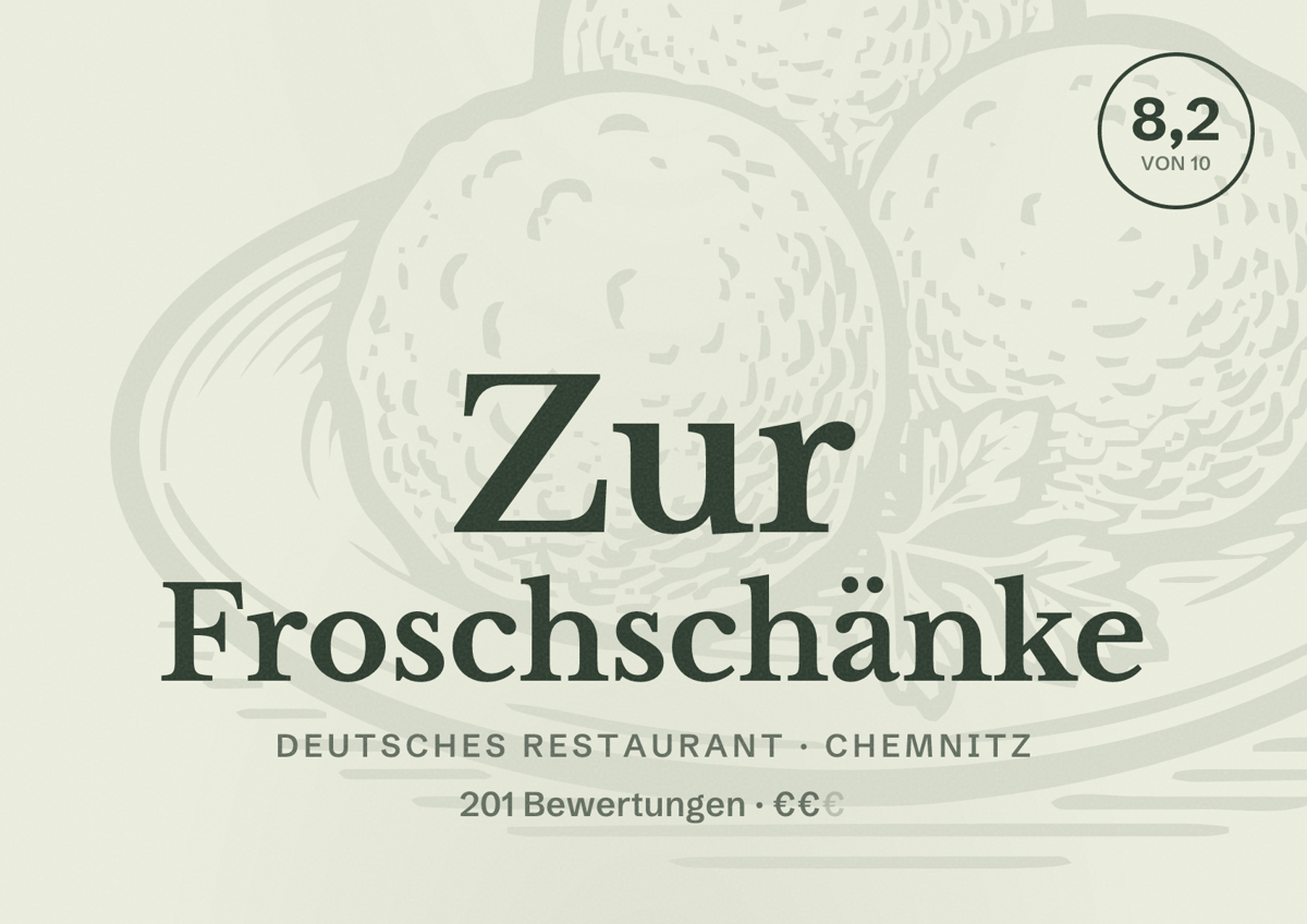 Illustriertes Poster von Zur Froschschänke, Deutsches Restaurant in Chemnitz: Bewertung 8,2 von 10 aus 201 Bewertungen, Preisniveau €€