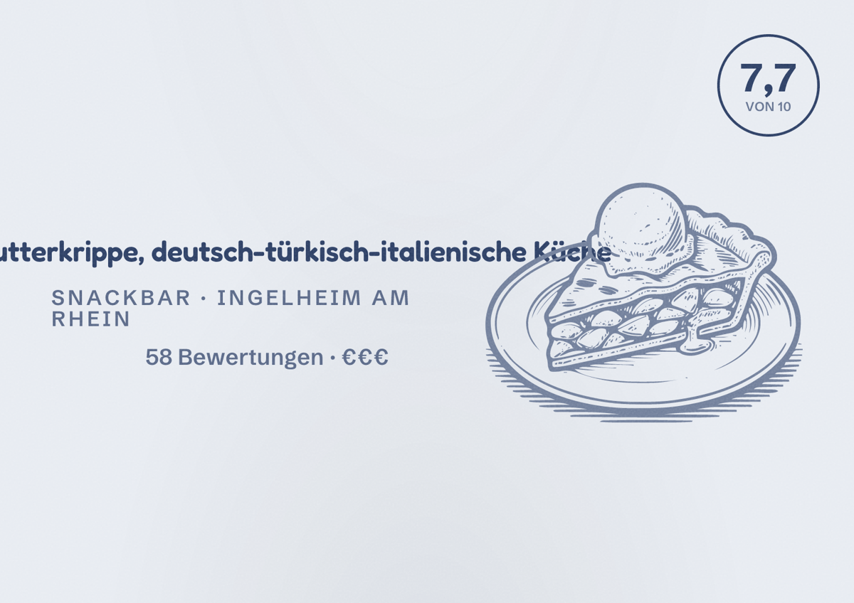 Illustriertes Poster von Zur Futterkrippe, deutsch-türkisch-italienische Küche, Snackbar in Ingelheim am Rhein: Bewertung 7,7 von 10 aus 58 Bewertungen, Preisniveau €€€