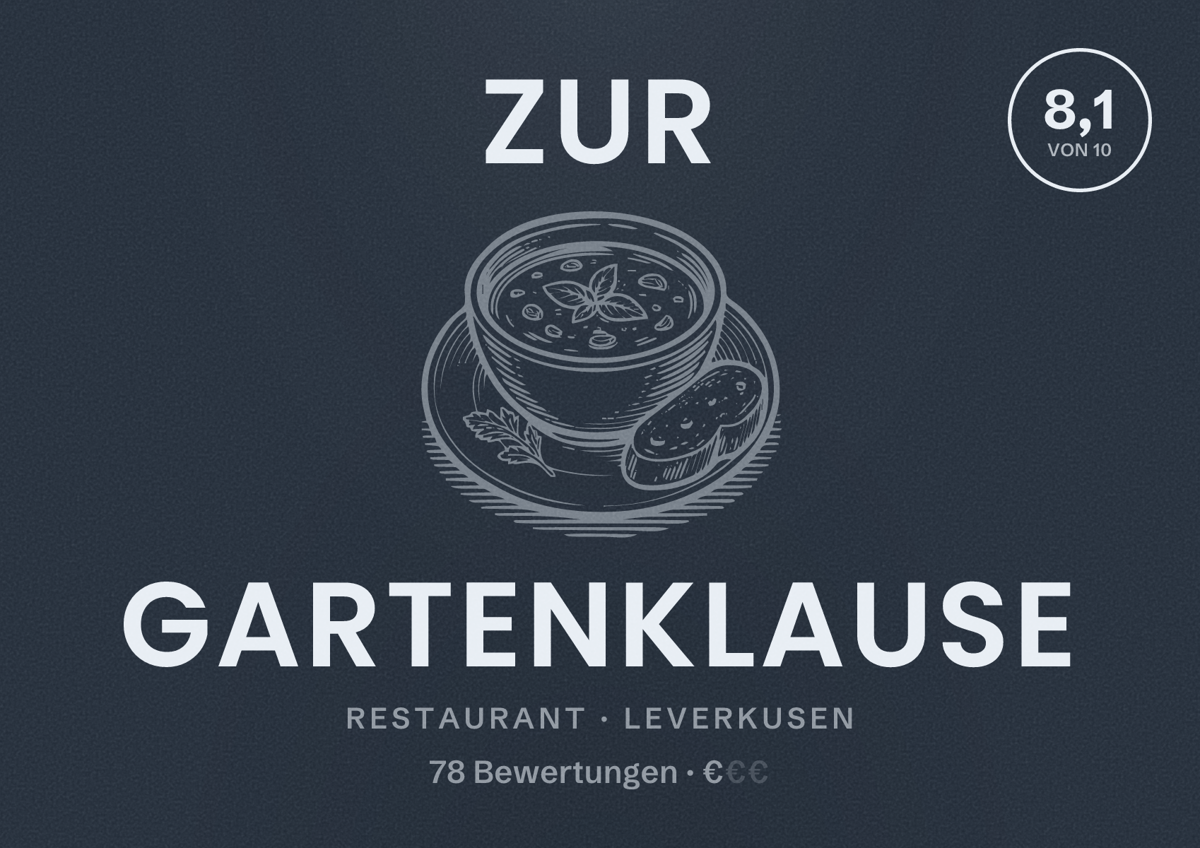 Illustriertes Poster von Zur Gartenklause, Restaurant in Leverkusen: Bewertung 8,1 von 10 aus 78 Bewertungen, Preisniveau €