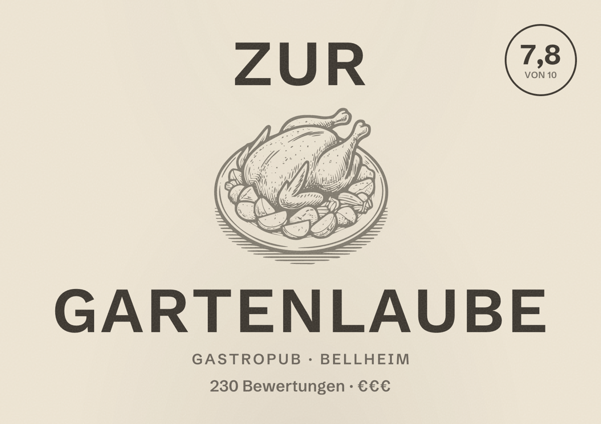 Illustriertes Poster von Zur Gartenlaube, Gastropub in Bellheim: Bewertung 7,8 von 10 aus 230 Bewertungen, Preisniveau €€€