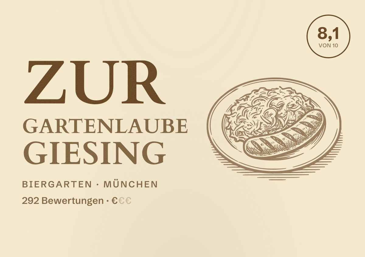 Illustriertes Poster von Zur Gartenlaube Giesing, Biergarten in München: Bewertung 8,1 von 10 aus 292 Bewertungen, Preisniveau €