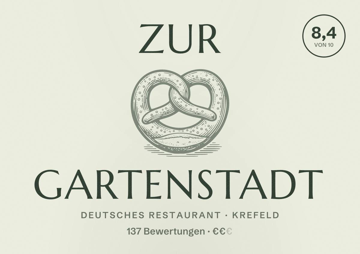 Illustriertes Poster von Zur Gartenstadt, Deutsches Restaurant in Krefeld: Bewertung 8,4 von 10 aus 137 Bewertungen, Preisniveau €€