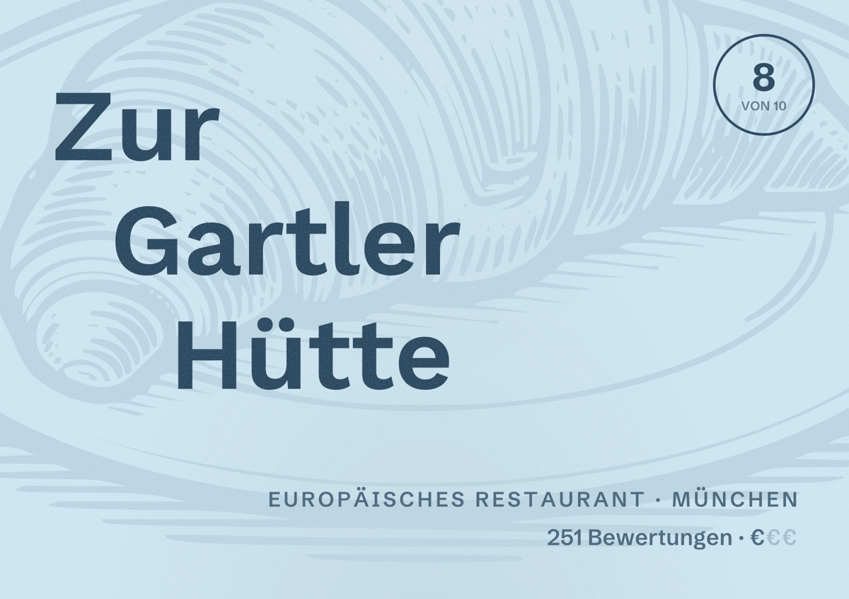 Illustriertes Poster von Zur Gartler Hütte, Europäisches Restaurant in München: Bewertung 8 von 10 aus 251 Bewertungen, Preisniveau €