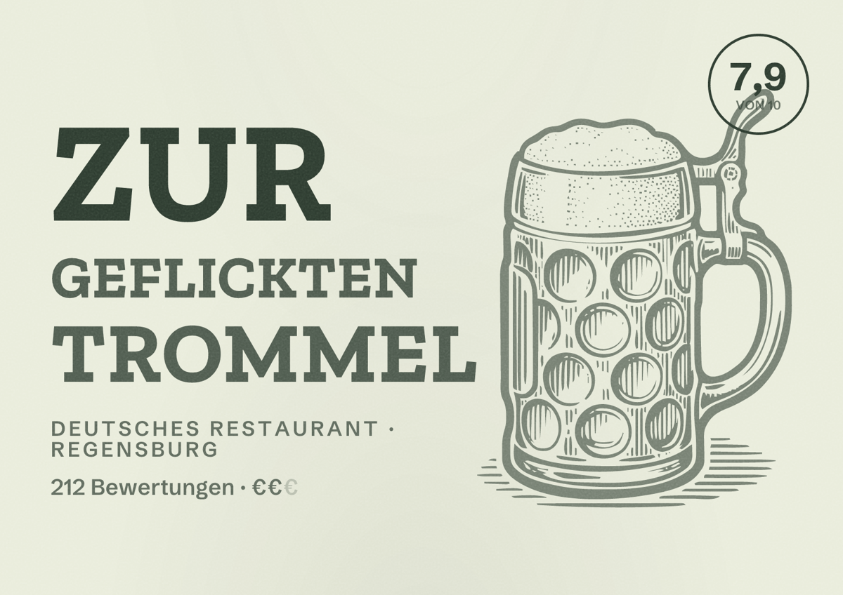 Illustriertes Poster von Zur geflickten Trommel, Deutsches Restaurant in Regensburg: Bewertung 7,9 von 10 aus 212 Bewertungen, Preisniveau €€