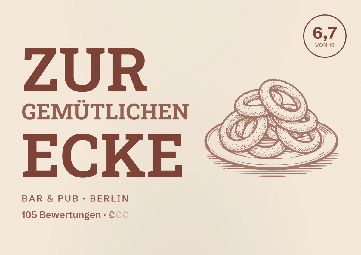Illustriertes Poster von Zur Gemütlichen Ecke, Bar & Pub in Berlin: Bewertung 6,7 von 10 aus 105 Bewertungen, Preisniveau €