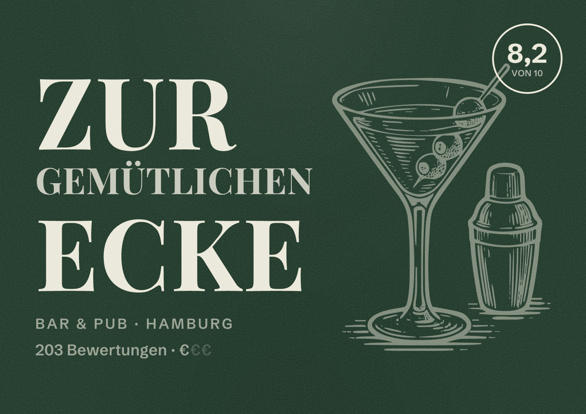 Illustriertes Poster von Zur gemütlichen Ecke, Bar & Pub in Hamburg: Bewertung 8,2 von 10 aus 203 Bewertungen, Preisniveau €