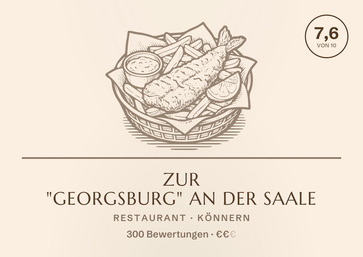 Illustriertes Poster von Zur "Georgsburg" an der Saale, Restaurant in Könnern: Bewertung 7,6 von 10 aus 300 Bewertungen, Preisniveau €€
