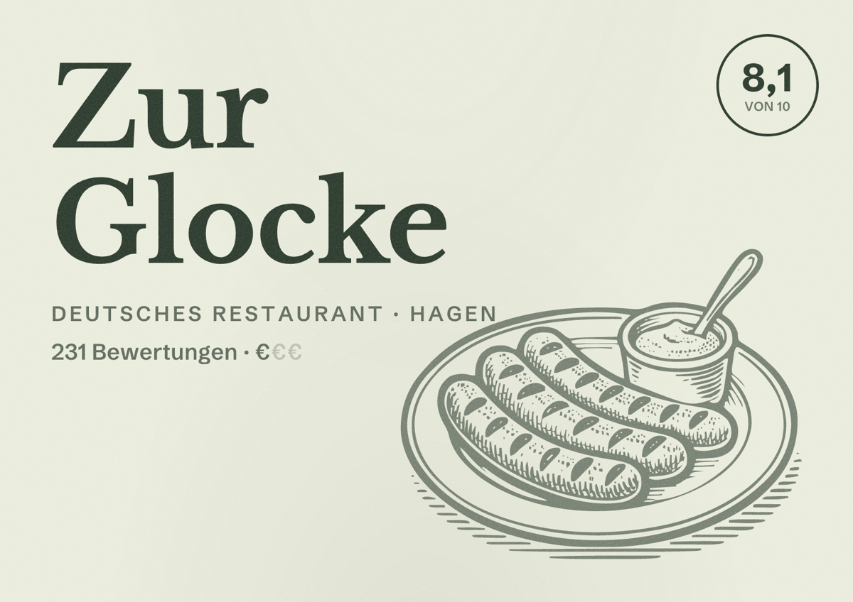 Illustriertes Poster von Zur Glocke, Deutsches Restaurant in Hagen: Bewertung 8,1 von 10 aus 231 Bewertungen, Preisniveau €
