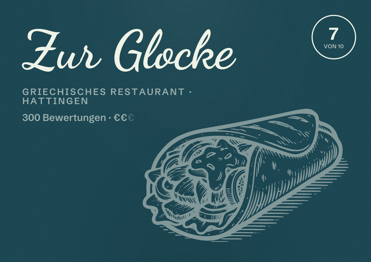Illustriertes Poster von Zur Glocke, Griechisches Restaurant in Hattingen: Bewertung 7 von 10 aus 300 Bewertungen, Preisniveau €€