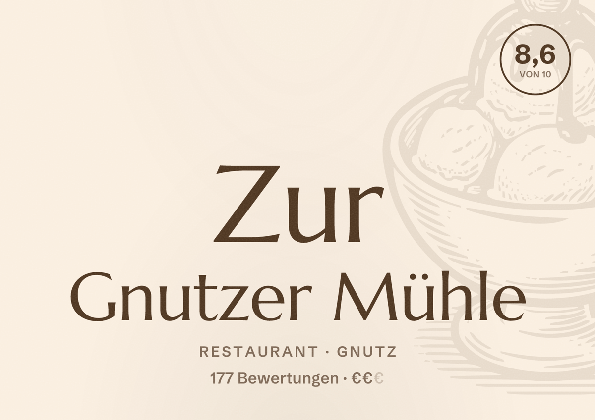 Illustriertes Poster von Zur Gnutzer Mühle, Restaurant in Gnutz: Bewertung 8,6 von 10 aus 177 Bewertungen, Preisniveau €€
