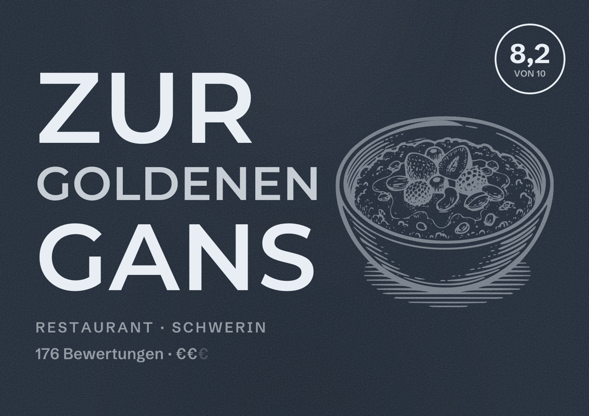 Illustriertes Poster von Zur Goldenen Gans, Restaurant in Schwerin: Bewertung 8,2 von 10 aus 176 Bewertungen, Preisniveau €€