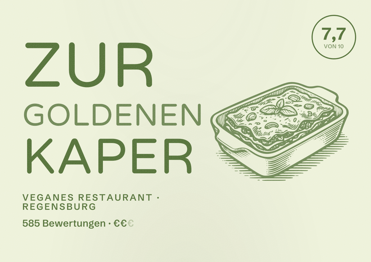 Illustriertes Poster von Zur Goldenen Kaper, Veganes Restaurant in Regensburg: Gästebewertung 7,7 von 10 aus 585 Bewertungen