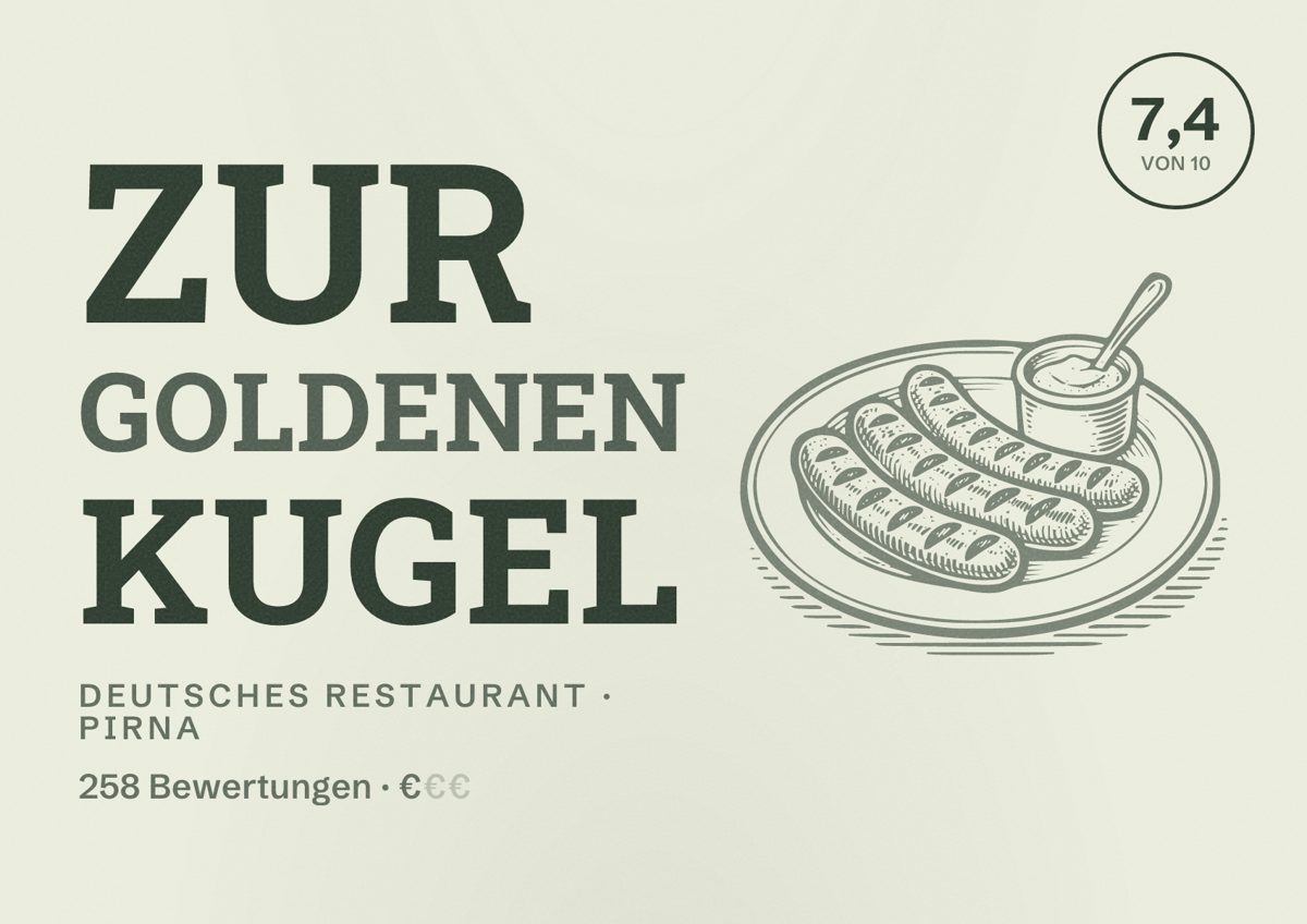 Illustriertes Poster von Zur Goldenen Kugel, Deutsches Restaurant in Pirna: Bewertung 7,4 von 10 aus 258 Bewertungen, Preisniveau €