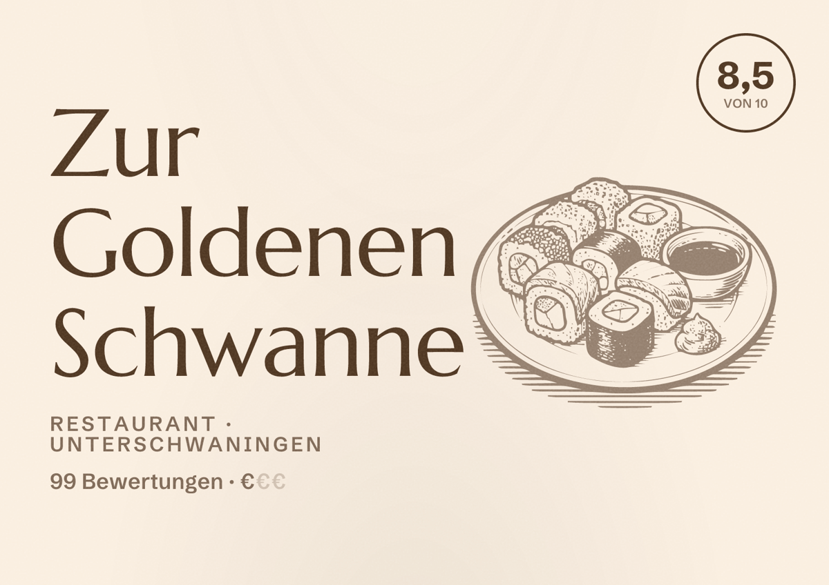 Illustriertes Poster von Zur Goldenen Schwanne, Restaurant in Unterschwaningen: Bewertung 8,5 von 10 aus 99 Bewertungen, Preisniveau €