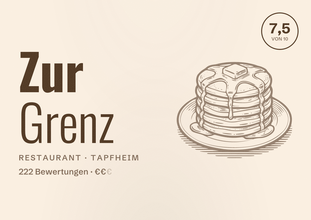 Illustriertes Poster von Zur Grenz, Restaurant in Tapfheim: Bewertung 7,5 von 10 aus 222 Bewertungen, Preisniveau €€