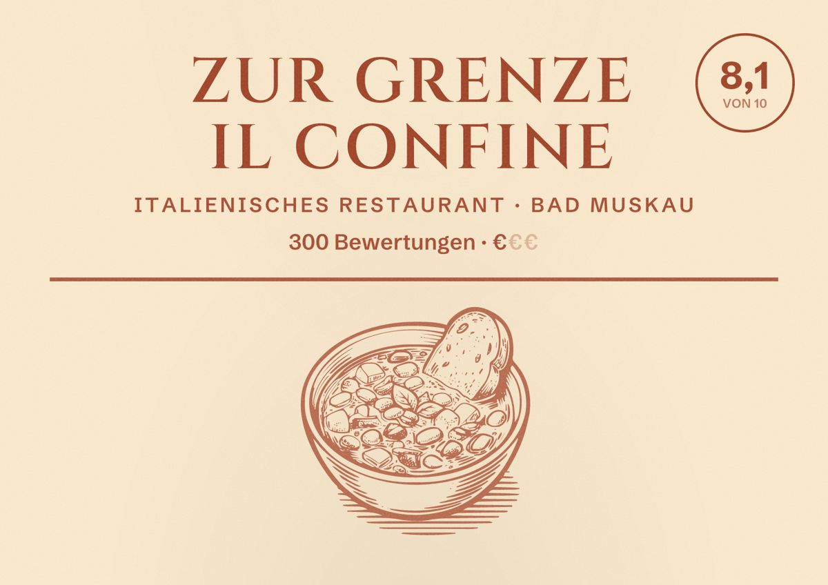Illustriertes Poster von Zur Grenze Il Confine, Italienisches Restaurant in Bad Muskau: Bewertung 8,1 von 10 aus 300 Bewertungen, Preisniveau €