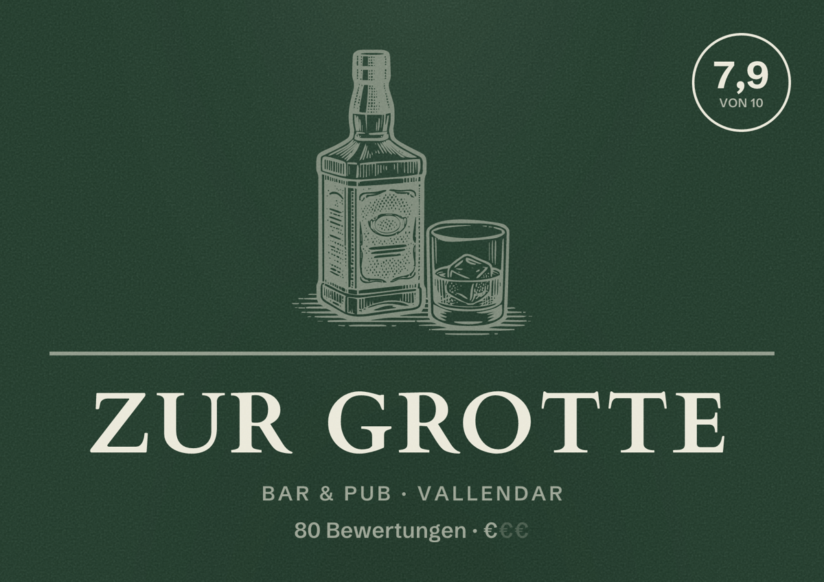 Illustriertes Poster von Zur Grotte, Bar & Pub in Vallendar: Bewertung 7,9 von 10 aus 80 Bewertungen, Preisniveau €