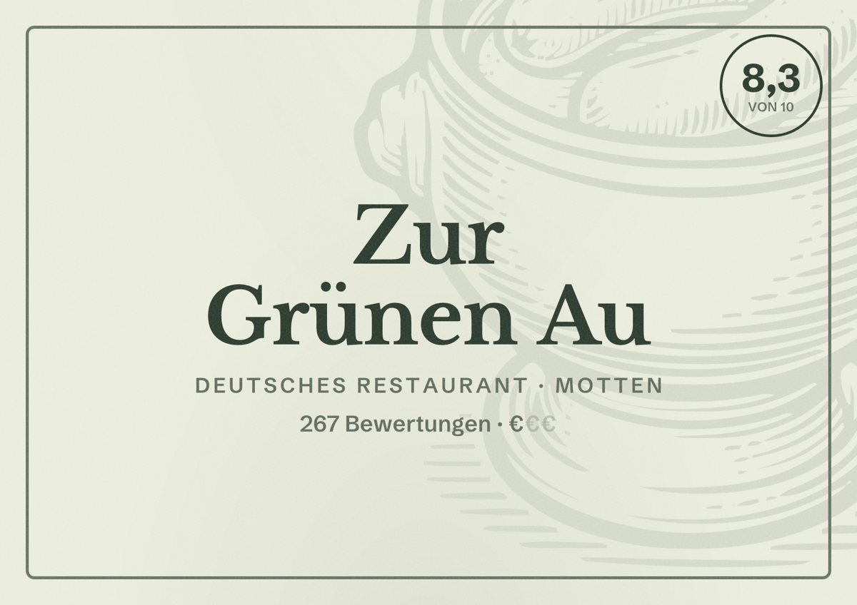 Illustriertes Poster von Zur Grünen Au, Deutsches Restaurant in Motten: Bewertung 8,3 von 10 aus 267 Bewertungen, Preisniveau €