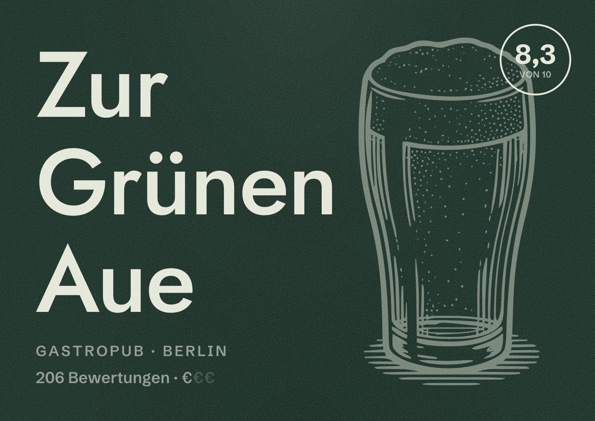Illustriertes Poster von Zur Grünen Aue, Gastropub in Berlin: Bewertung 8,3 von 10 aus 206 Bewertungen, Preisniveau €