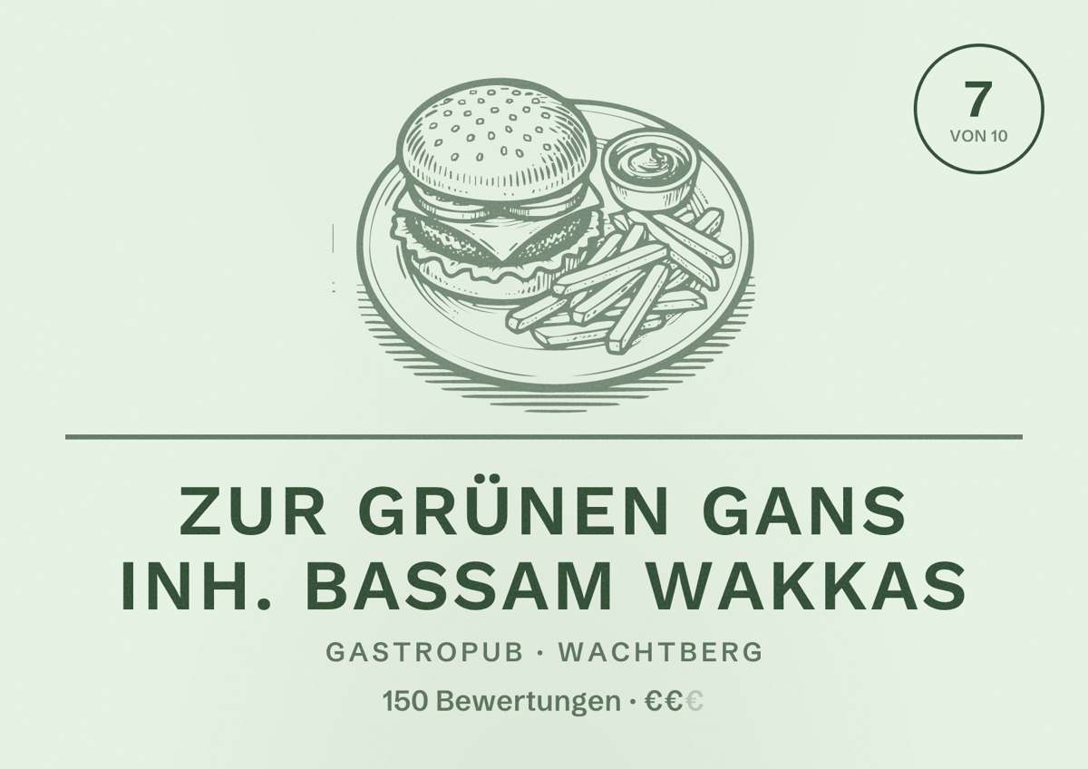 Illustriertes Poster von Zur grünen Gans Inh. Bassam Wakkas, Gastropub in Wachtberg: Bewertung 7 von 10 aus 150 Bewertungen, Preisniveau €€