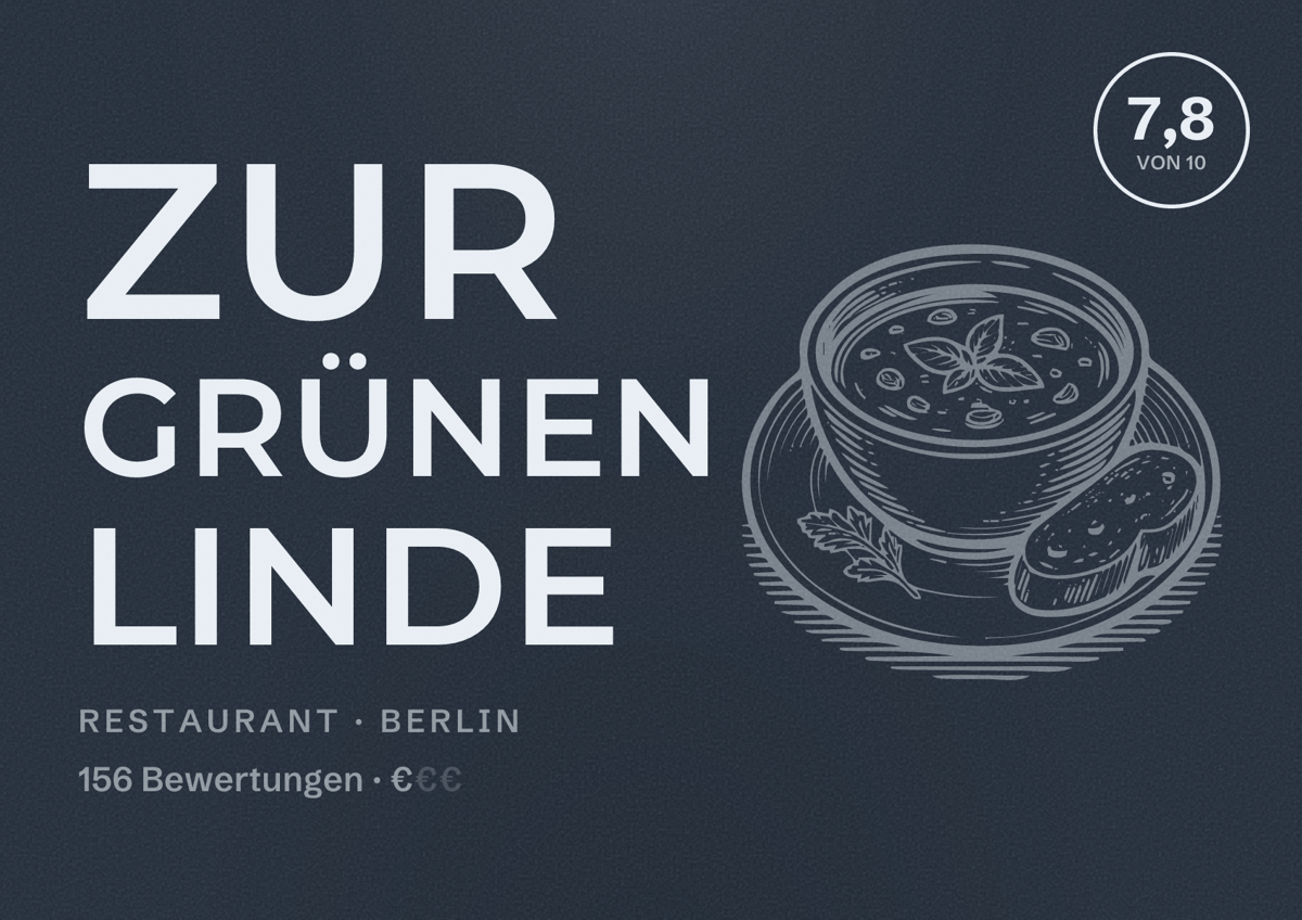 Illustriertes Poster von Zur Grünen Linde, Restaurant in Berlin: Bewertung 7,8 von 10 aus 156 Bewertungen, Preisniveau €