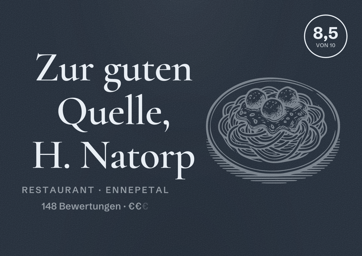 Illustriertes Poster von Zur guten Quelle, H. Natorp, Restaurant in Ennepetal: Bewertung 8,5 von 10 aus 148 Bewertungen, Preisniveau €€