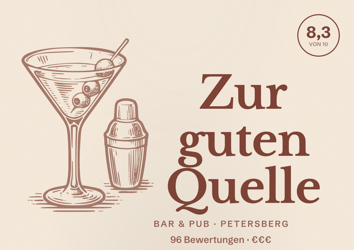 Illustriertes Poster von Zur guten Quelle, Bar & Pub in Petersberg: Bewertung 8,3 von 10 aus 96 Bewertungen, Preisniveau €€€
