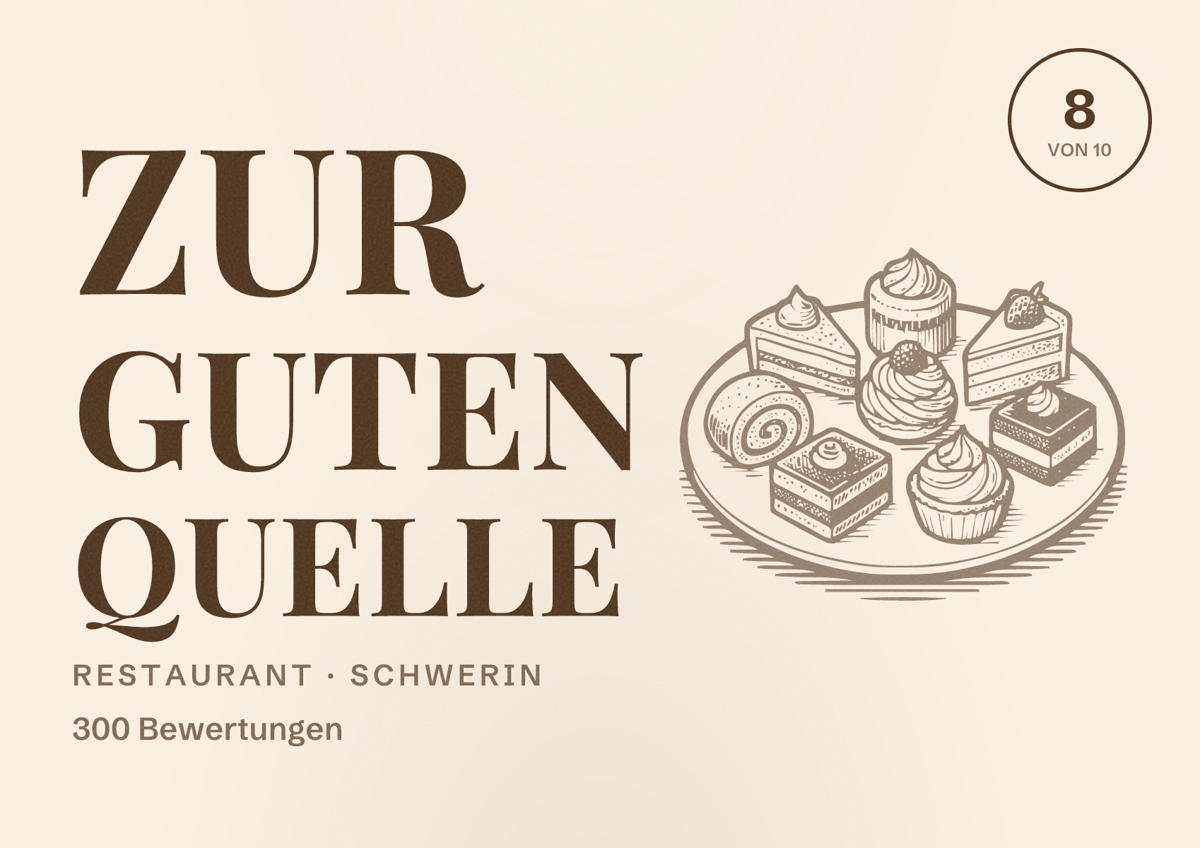 Illustriertes Poster von Zur guten Quelle, Restaurant in Schwerin: Bewertung 8 von 10 aus 300 Bewertungen