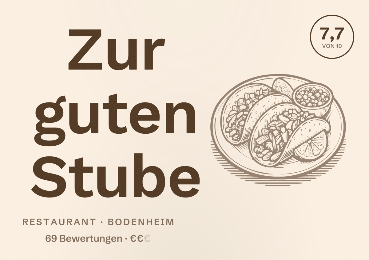 Illustriertes Poster von Zur guten Stube, Restaurant in Bodenheim: Bewertung 7,7 von 10 aus 69 Bewertungen, Preisniveau €€