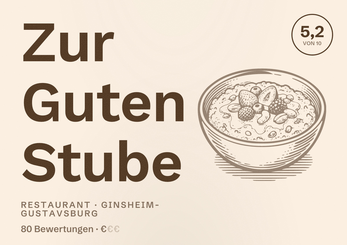 Illustriertes Poster von Zur Guten Stube, Restaurant in Ginsheim-Gustavsburg: Bewertung 5,2 von 10 aus 80 Bewertungen, Preisniveau €